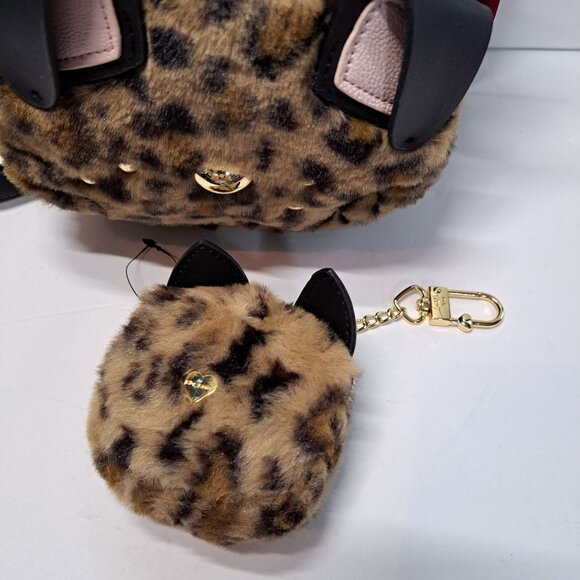 Betsey Johnson Mini Kitsch Faux Fur Cat Leopard Backpack Crossbody & Earbud Case - Picture 2 of 16